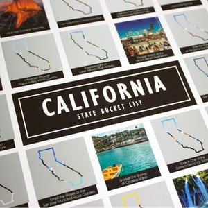 California State Bucket List – Affiche à gratter – Carte de voyage de l’État de Californie – Joshua Tree – Sacramento – Death Valley