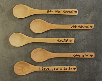 Small Wooden Sugar Spoon, you are loved, I love you a latte, coffee lover gift, gift for mom, girlfriend gift, Valentine's Day gift for wife