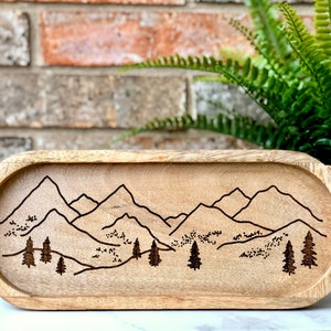 Engraved Wooden Tray with Mountain Design, entry table tray, jewelry display tray, farmhouse coffee table tray, boho mountain decor
