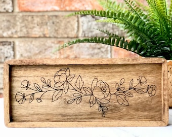 Engraved Wooden Tray with Floral Design, farmhouse coffee table tray, boho home decor, entry table tray, jewelry display, mother's day gift