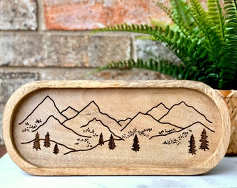 Engraved Wooden Tray with Mountain Design, entry table tray, jewelry display tray, farmhouse coffee table tray, boho mountain decor