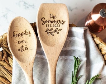 Personalized Wedding Gift, Engraved Wooden Spoon Set, custom bridal shower gift, couple last name, wood anniversary gift, marriage date gift