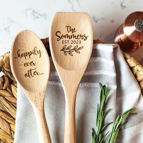 Personalized Wedding Gift, Engraved Wooden Spoon Set, custom bridal shower gift, couple last name, wood anniversary gift, marriage date gift