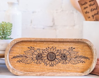 Engraved Wooden Tray with Sunflower Design, farmhouse coffee table tray, boho floral decor, entry table tray, jewelry display tray