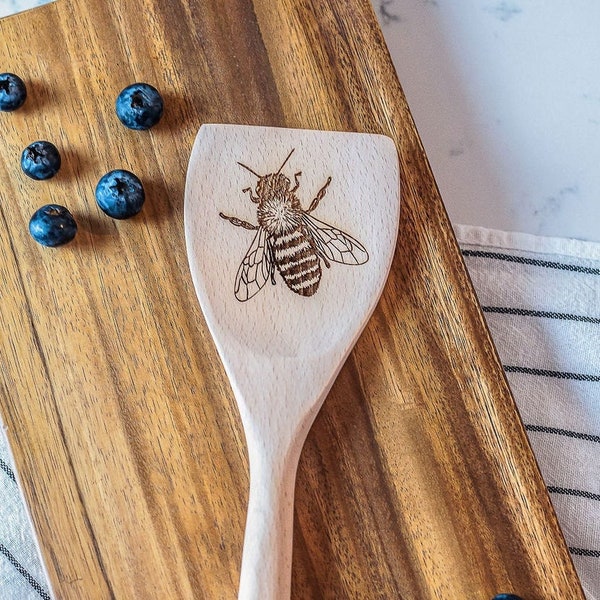 Honey Bee Engraved Wooden Spatula -  eco-friendly kitchen decor, save the bees, bee artwork, beekeeper christmas gift, wooden honey utensil