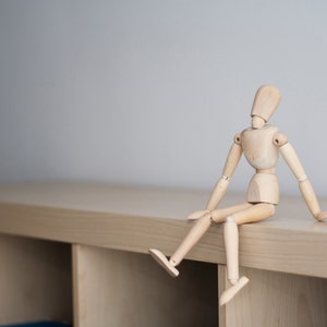 PHOTOGRAPH, Mannequin Stories, indoor photography shot, drawing mannequin, modelling on bookshelf, wooden