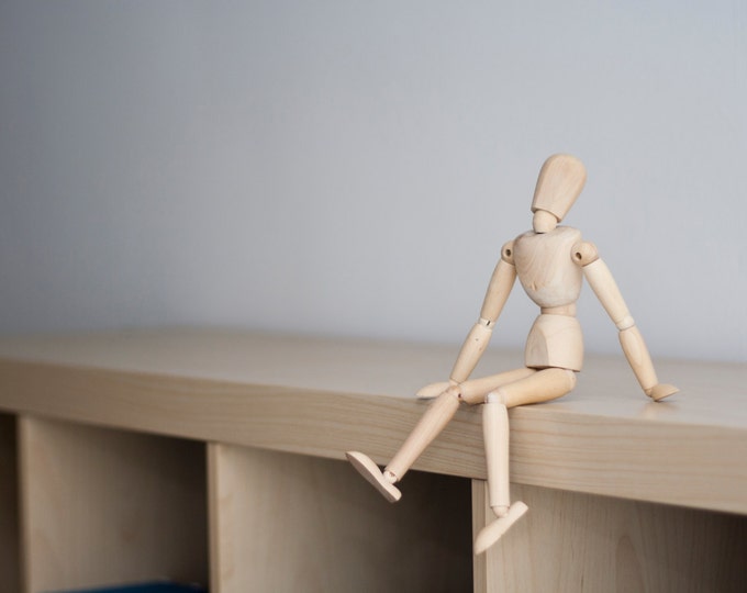 PHOTOGRAPH, Mannequin Stories, indoor photography shot, drawing mannequin, modelling on bookshelf, wooden