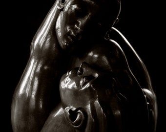 Intertwined Sculpture, Returning To Embrace, Black and White Photograph, Art Print, Statue, Love, Connection, Photography Print
