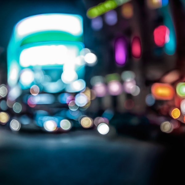 Colourful bokeh of piccadilly circus at midnight, london out of focus photography shot