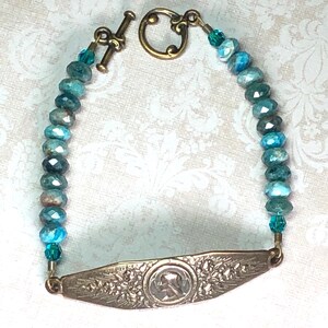 Blue Apatite Gemstone & Bronze Blessed Mother Bracelet; Catholic Jewelry, Catholic Bracelet