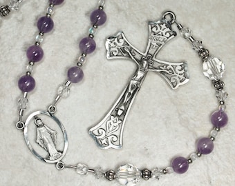 Woman's Amethyst Gemstone & Pewter Catholic Rosary; Catholic Gifts