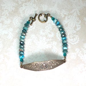 Blue Apatite Gemstone & Bronze Blessed Mother Bracelet; Catholic Jewelry, Catholic Bracelet