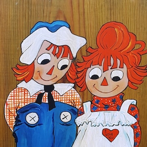 Vintage Raggedy Ann and Andy Painting: 70s Folk Art Wall Hanging