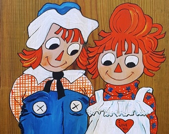 Hand Painted Raggedy Ann and Andy, Americana, Vintage Folk Art, American Folk Art, Kids Room, 70s Wall Hanging, Home Décor, Wall Décor