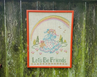 Vintage Cross Stitch Vintage Wall Hanging Wall Décor Home Décor Rainbow Southern Bell Vintage Art 70s Art Let's Be Friends