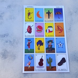 Lot of 10 Mexican Lottery Cards Loteria Cards Loteria Tabla Mexican Bingo Game Cards Stocking Stuffer Ready to Frame Colorful Bingo Ephemera