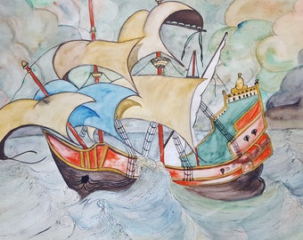 Watercolor Painting 70s Painting Vintage Painting Asian Ship Vintage Art 70s Art Colorful Paint Asian Art Sinking Ship Nautical Art