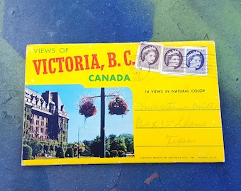 Queen Elizabeth II Stamps Vintage Postcard Views of Victoria B.C. Canada 1960s Canadian Stamps Vintage Stamps Vintage Ephemera Curt Teich