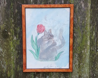 Framed Painting Cat Painting Vintage Painting 90s Painting Italian Frame Italy Vintage Wall Hanging Vintage Art Cat Art Painted in Sicily