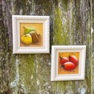 2 Framed Vintage Prints, 50s Prints, Fruit Prints, Saavedra, Vintage Art, Ornate Frames, Pear, Tomatoes, Apple, Wall Hanging, Square Frames