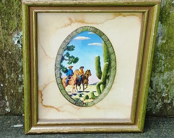 Framed Vintage Game Card Cowboy Western Ranch Horse Back Riding Cactus 70s Playing Card Vintage Wall Hanging Southwestern