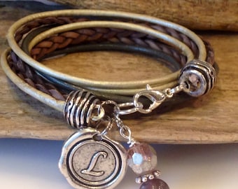 BOHO Bracelet, 3X Wrap,Custom Charm, Zen, Christian, OM, Initial, Grey, Cream Leather Bracelet, Hipster, Symbolic Charms