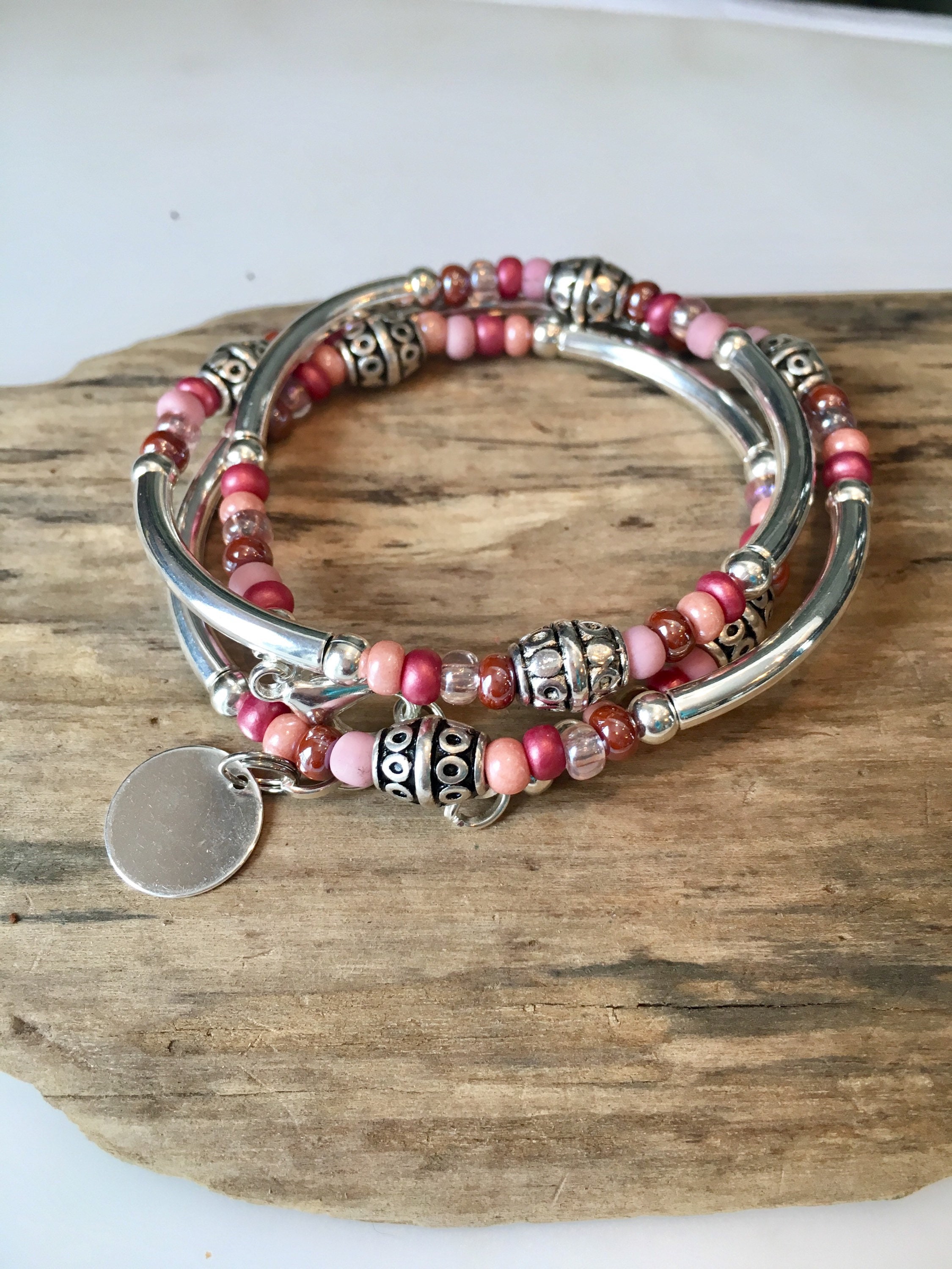 Boho Wrap Bracelet, Beaded Tube Wrap, Pink mix wrap bracelet, beaded …