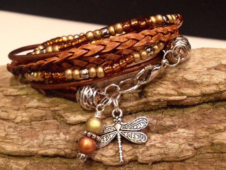 Boho Wrap,Leather Beaded Bohemian Wrap Bracelet, Gypsy, Christian, Copper, Silver, Gold Wrap Bracelet CHARM, Custom, Personalize, pet lover image 1