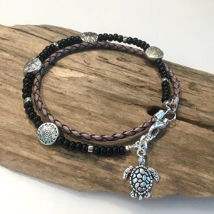 Ankle Bracelet, Beach Ankle Wrap, Boho Beach Style, Black, Silver, leather ankle Bracelet, sea Charm Bracelet, Choose Charm!