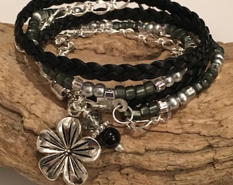 Wrap Bracelet, Boho Beaded Wrap Bracelet, Leather Wrap,Grey, Silver, Black, 2X Leather Wrap, CHOOSE your CHARM!