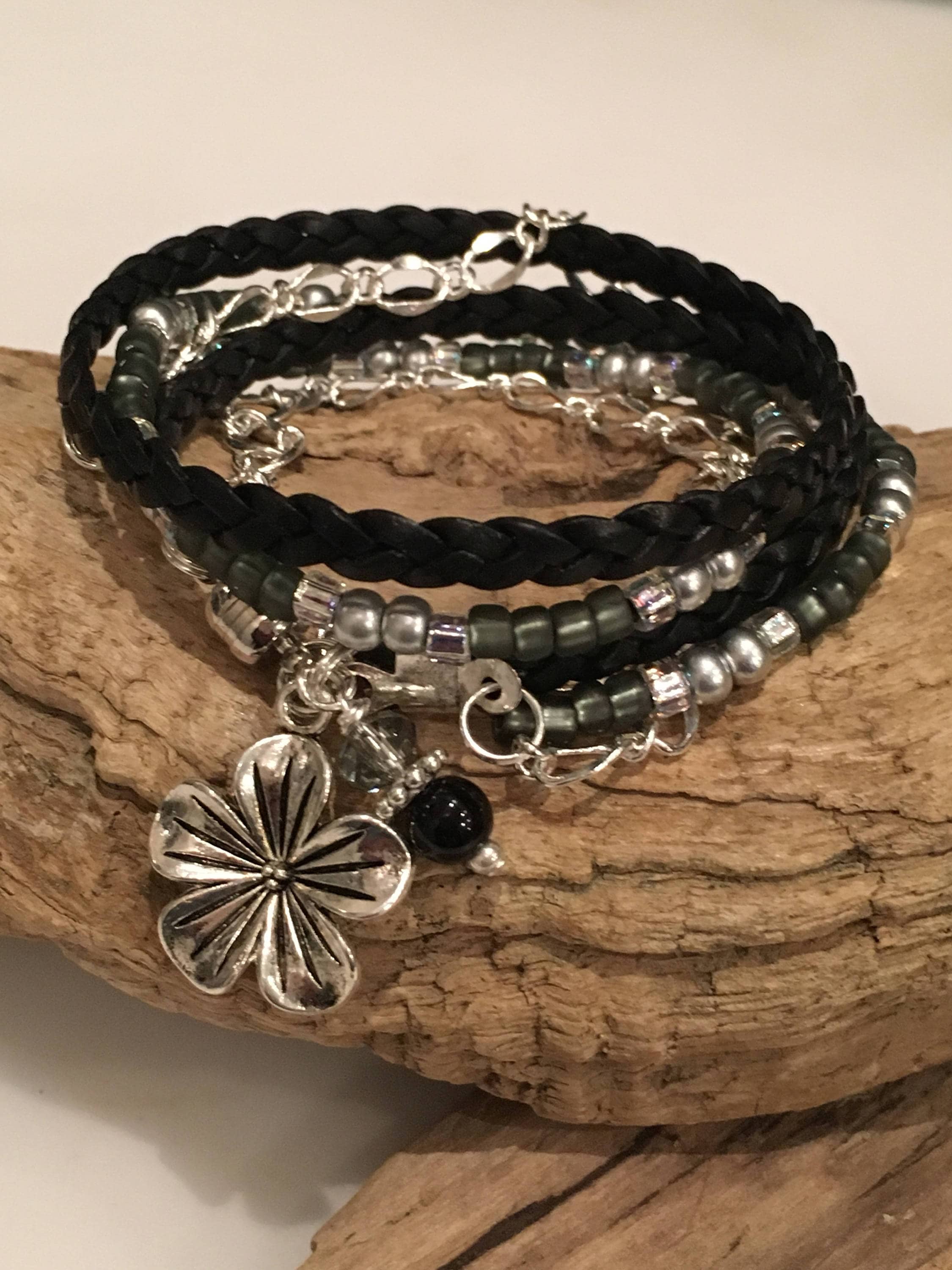 Wrap Bracelet, Boho Beaded Wrap Bracelet, Leather Wrap,Grey, Silver, …
