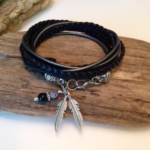 Leather Bracelet, Boho Wrap Bracelet, Triple Wrap, Charm Bracelet, Custom Leather Wrap Bracelet, Unisex Bracelet, Silver, Black