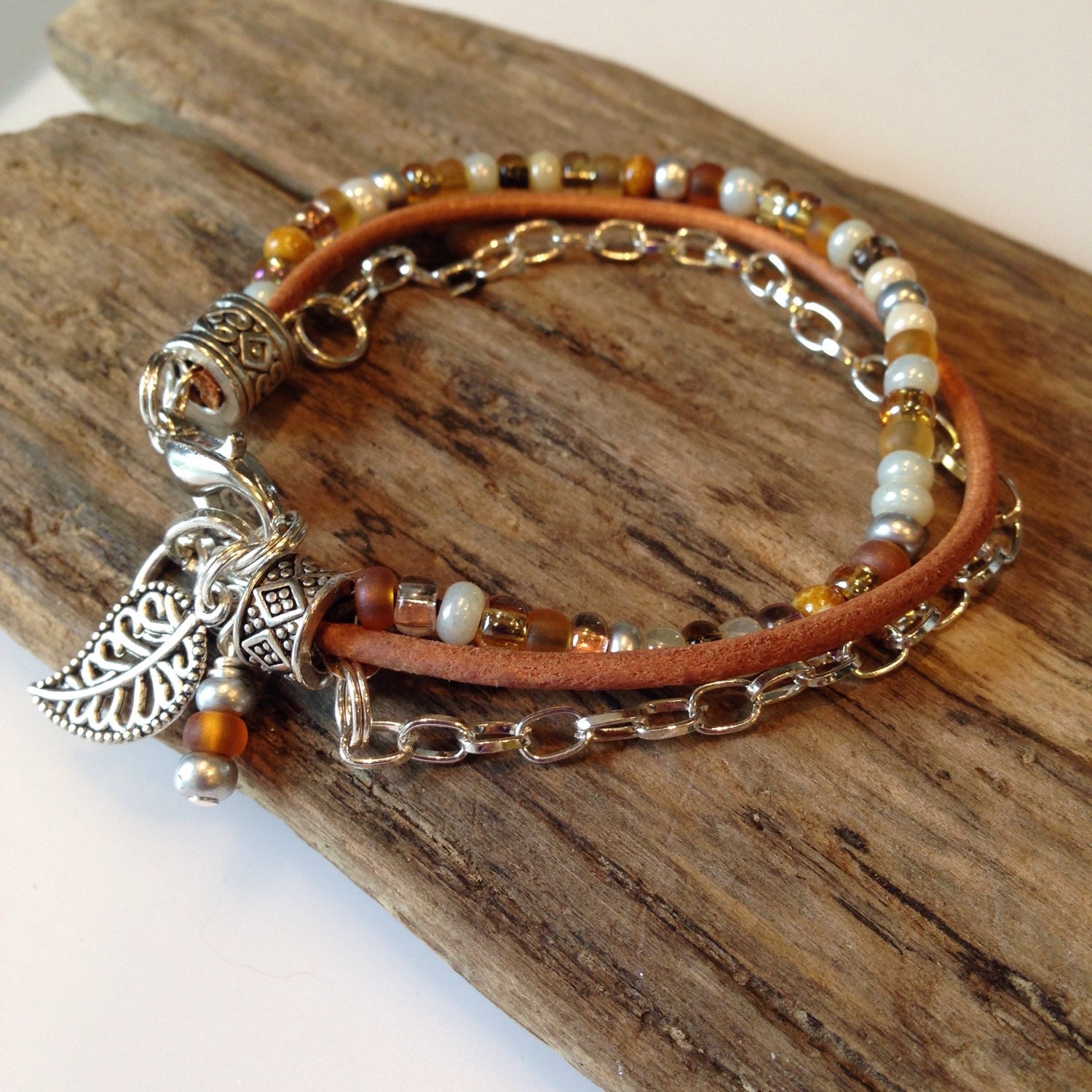 Beaded Boho Bracelet, Boho Bracelet, Leather beaded beacelet chain, Cream, Tan, Silver, Charm Bracelet, Tibetan Style, Gift