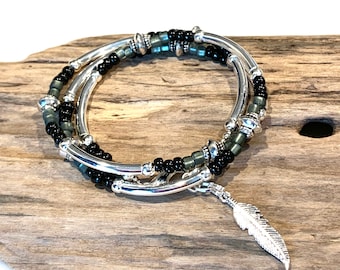 Boho Wrap, Silver Tube Wrap Bracelet,Silver, Gray, Black Bracelet, Tibetan, Boho, 3X Wrap,  Multi Wrap, Fun Wrap Bracelet
