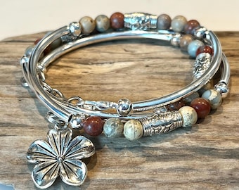 Boho Wrap Bracelet, jasper stone Tube Wrap, silver wrap bracelet, natural stone with Tibetan tube beads, wrap,  Triple wrap, charm bracelet