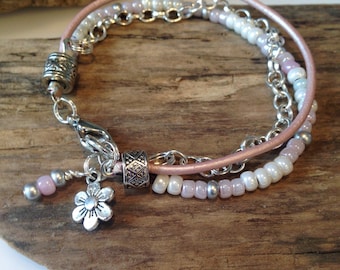 Beaded Boho Bracelet, Valentines Gift,Single Wrap, Leather Beaded Chain Bracelet, Charm Bracelet, Pale Pink, Pearl, Silver Beaded bracelet