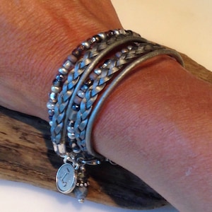 Wrap Bracelet, Beaded Boho Wrap, Leather Beaded Wrap, Metallic Silver Braided wrap Bracelet, Grey Beaded Wrap, 2X, Charm Bracelet, Custom,