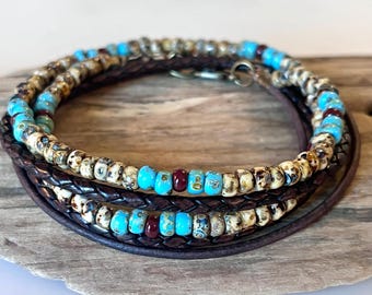 Bracelet en cuir, bijoux en cuir/perles, masculin, enveloppement bohème unisexe, bracelet de perles, cuir véritable tressé, perles Miyuki, marron,