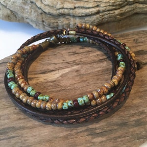 Leather Wrap Bracelet, leather/beaded Jewelry, Masculine, Unisex Boho Wrap, beaded Bracelet, Genuine Braided Leather, Miyuki Beads, Brown,