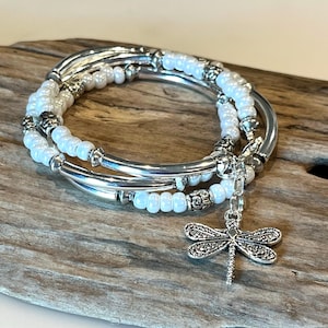 Silver, white pearl Tube Bead Bracelet, Multi wrap, 3X Wrap Bracelet, Cream Pearl with Tibetan Beads, Bohemian Wrap, Gypsy