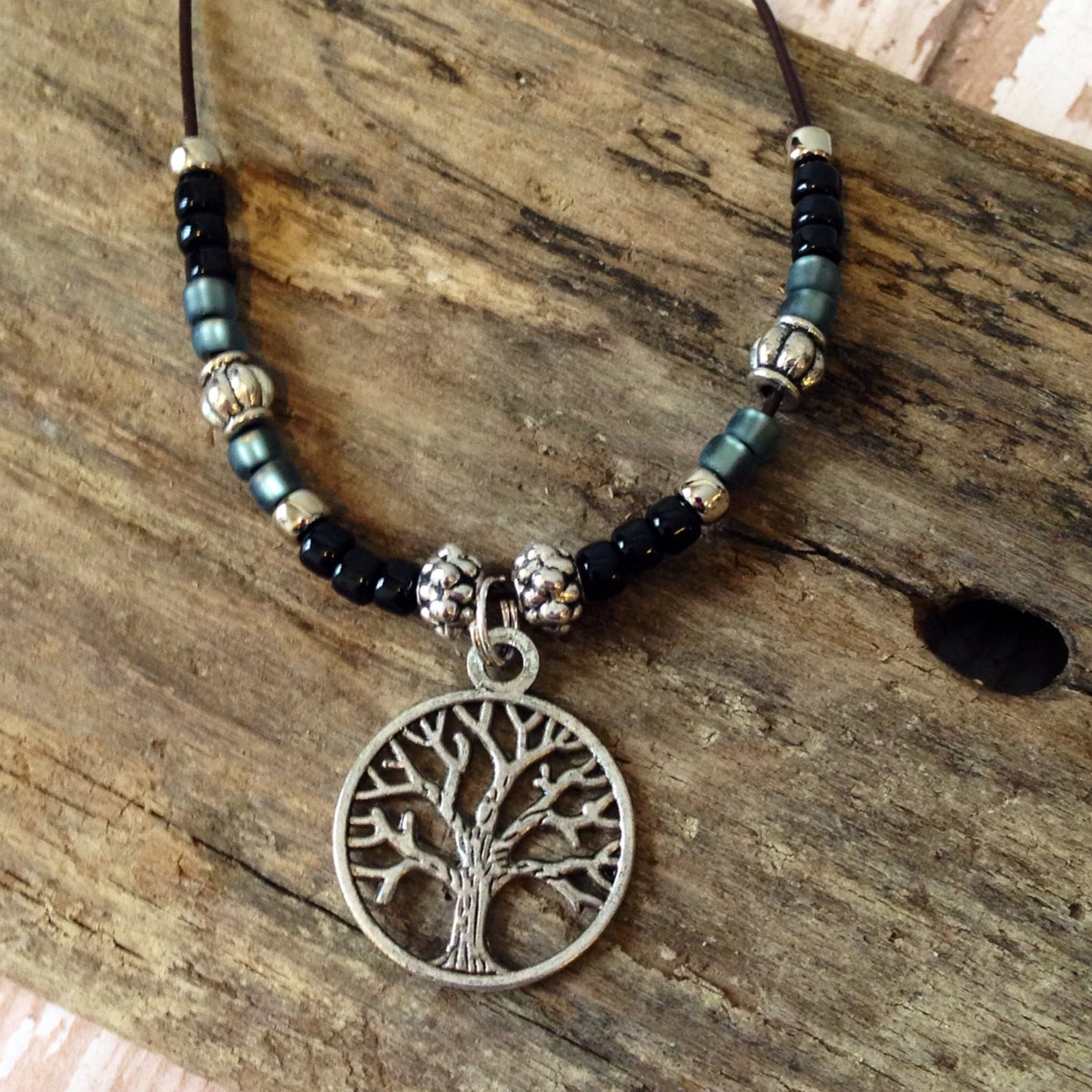 Boho Leather Beaded Necklace Zen CHOOSE your CHARM Silver Etsy