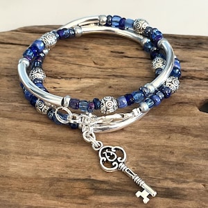 Silver Tube Wrap bracelet, Denim Blue Mix, Stack Wrap, layering Bracelet, Bohemian, Inspirational Necklace, Silver Tube Wrap, Shades of Blue