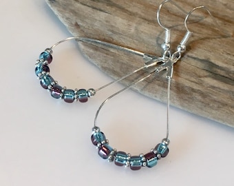 Teardrop Earrings, Silver, Aqua blue Miyoki beads, Teardrop Boho Earrings, aqua multi colored earrings, Dangle Earrings