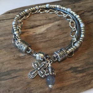 Boho Bracelet, Silver faceted, Etched Tibetan beads, Single Wrap, With silver Chain, leather, Gift for her
