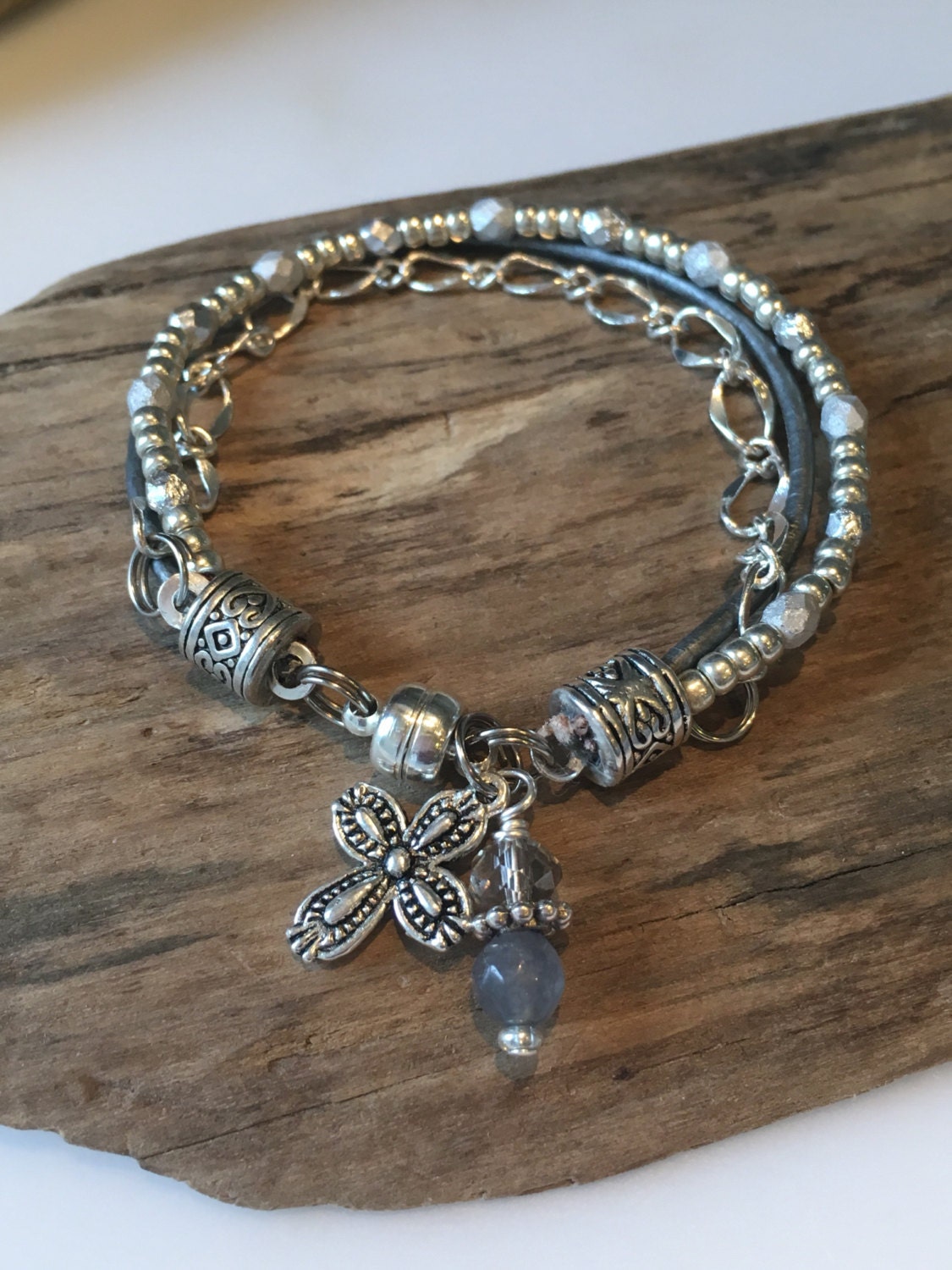 Boho Bracelet, Silver faceted, Etched Tibetan beads, Single Wrap, Wit…