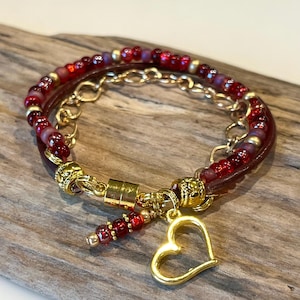 Beaded Wrap Bracelet, Red, Burgundy Mix,Gold Beaded Bracelet, Leather, Gold Wrap Bracelet, Charm Bracelet, Gift For Her, Custom Bracelet