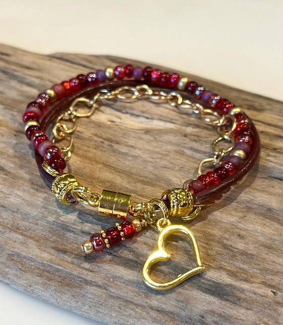 Beaded Wrap Bracelet, Red, Burgundy Mix,gold Beaded Bracelet