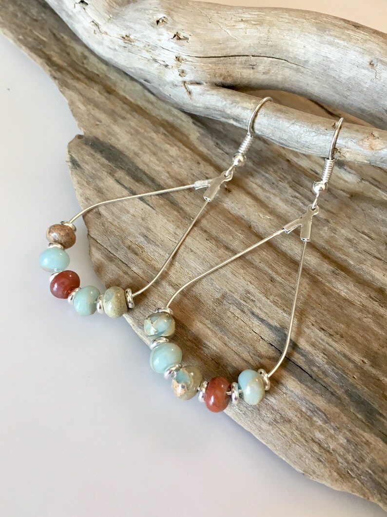 Boho Style Teardrop Earrings Beach Boho Style Hoop Earrings jasper stones and silver semi precious jasper beads,Boho Dangle Earrings
