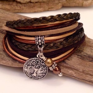 Leather Bracelet, Boho Wrap Bracelet, Leather, Inspirational Custom Charm, Christian Copper, Brown, Gold, Personalized, layering