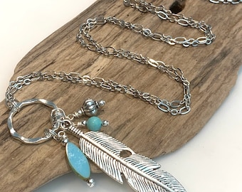 Boho Pendant Necklace, Silver Feather with turquoise stones, Teal and Silver Long Boho Necklace, statement Necklace, Boho Charm